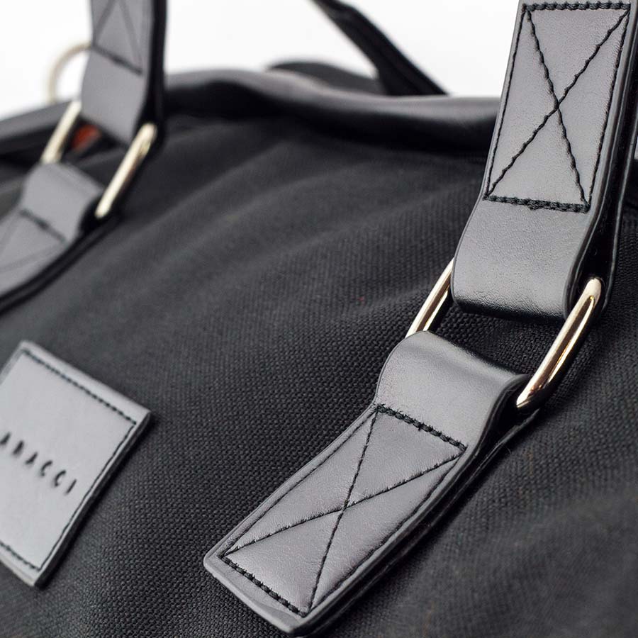 Close up of leather on vanacci canvas duffel bag