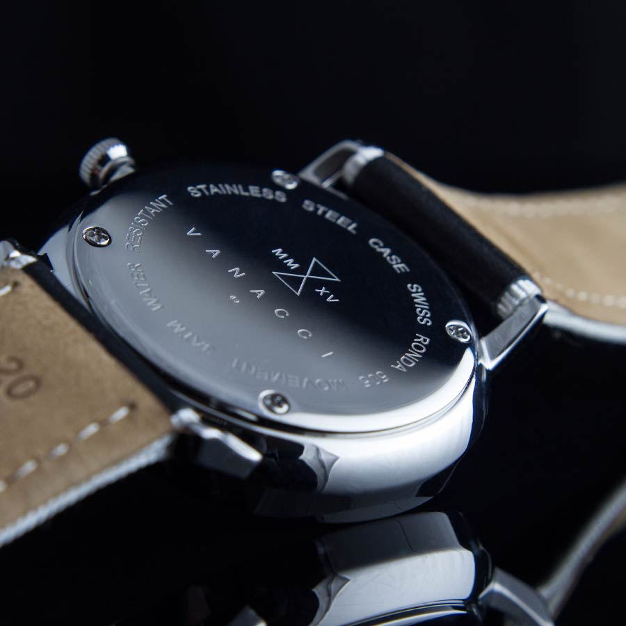 Polished stainless steel back of the Vanacci watch