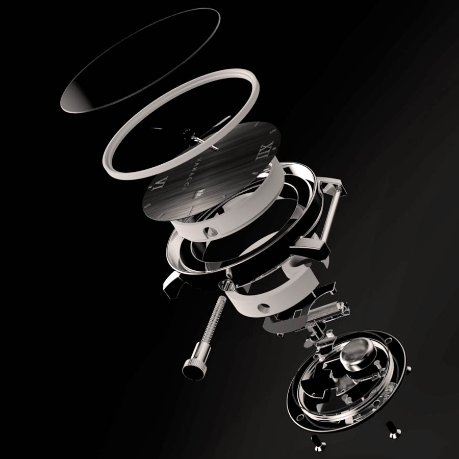 Inside the Vanacci Watch exploded view showing each component on a black background